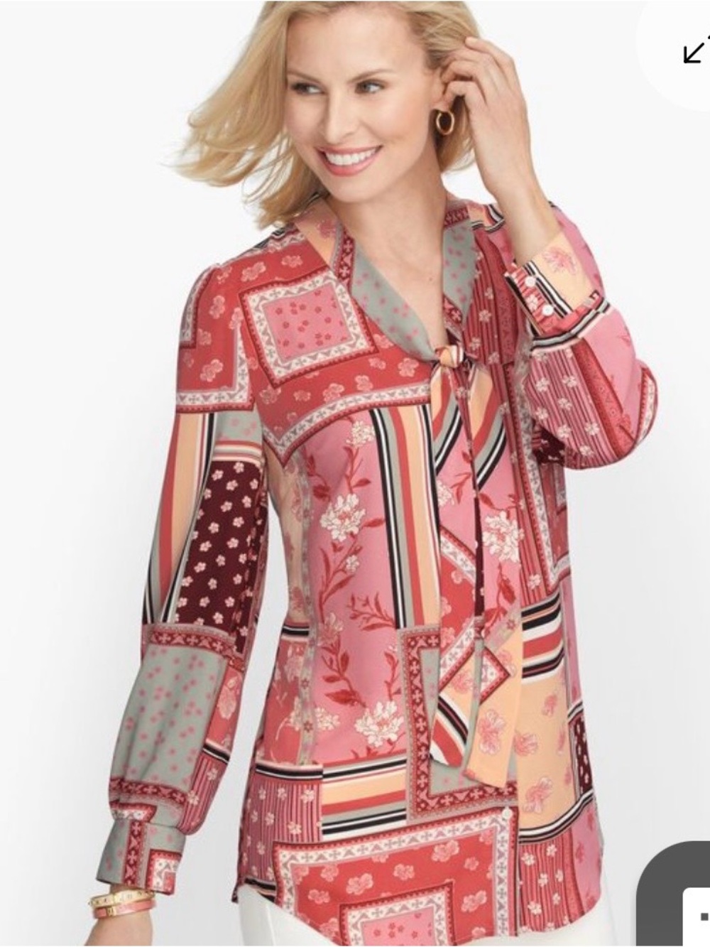 #604 Talbots BoNo Beautiful Pink Floral Patchwork Tie-Neck Blouse - Picture 2 of 12